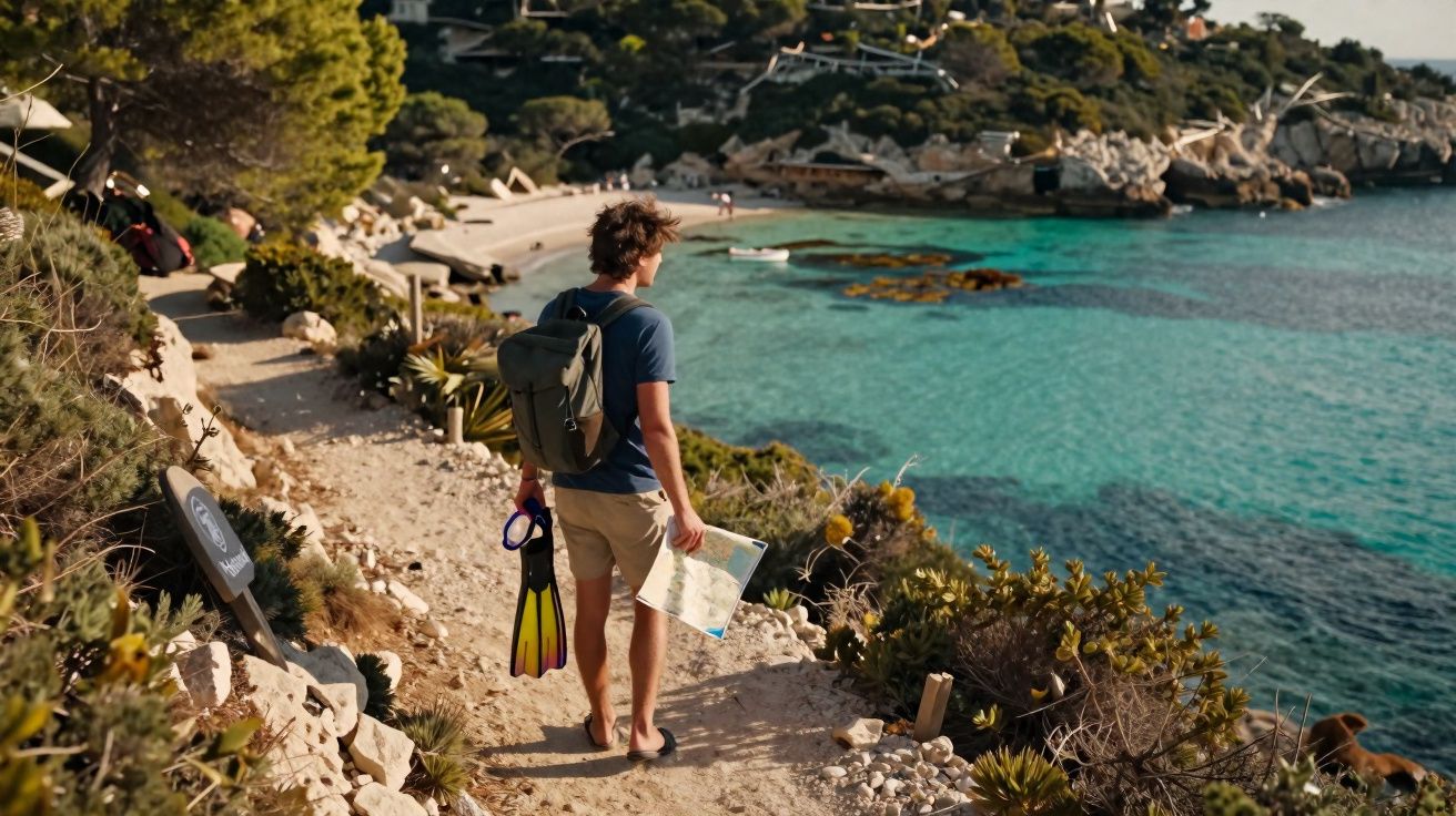 Homem de mochila com mapa e nadadeiras caminha por trilha costeira próxima a praia de águas claras.