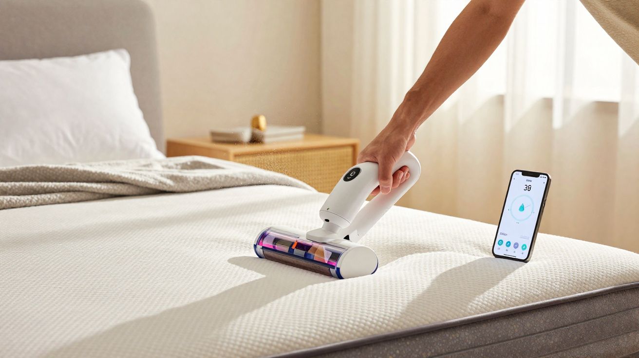 Pessoa usando aspirador portátil branco em colchão com celular exibindo aplicativo ao lado.