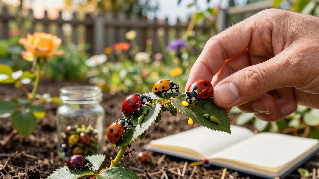Mão segurando joaninha vermelha sobre galho com várias joaninhas coloridas em jardim com rosa amarela e pote ao fundo.