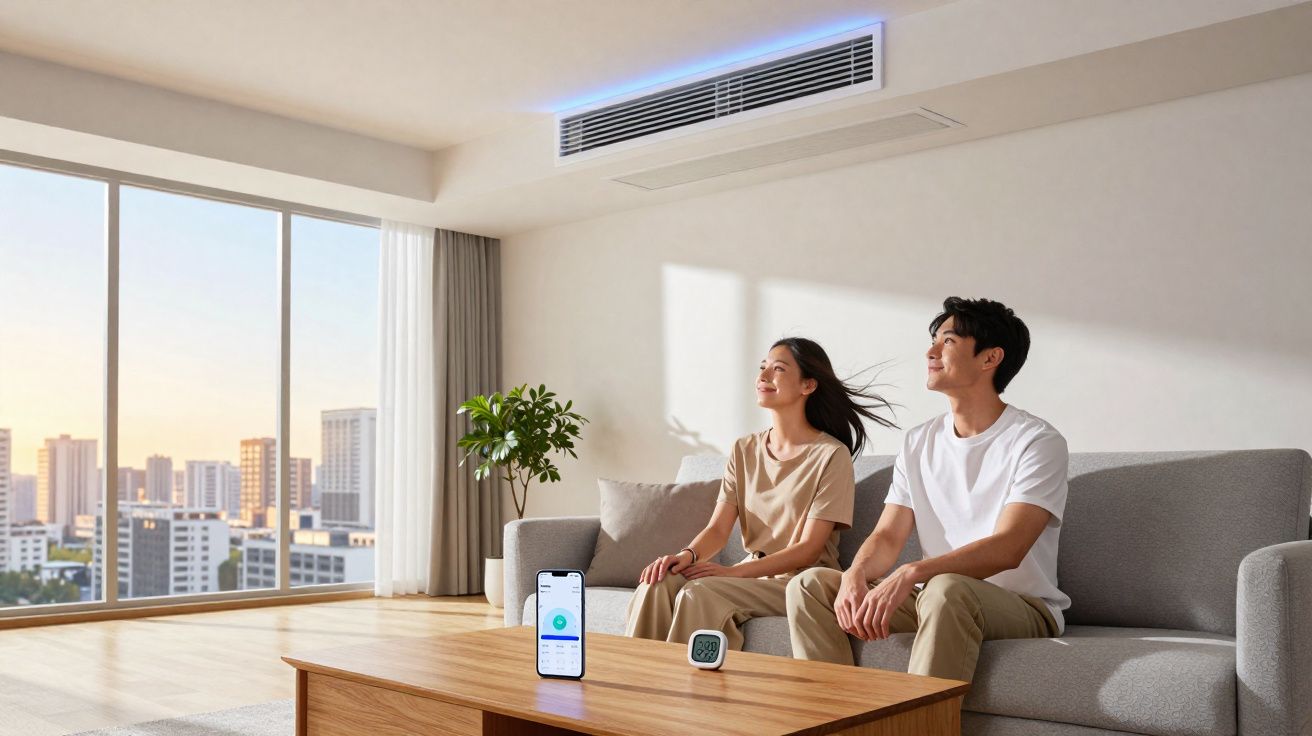 Casal sentado em sofá moderno em sala iluminada com controle de ar condicionado inteligente na mesa.