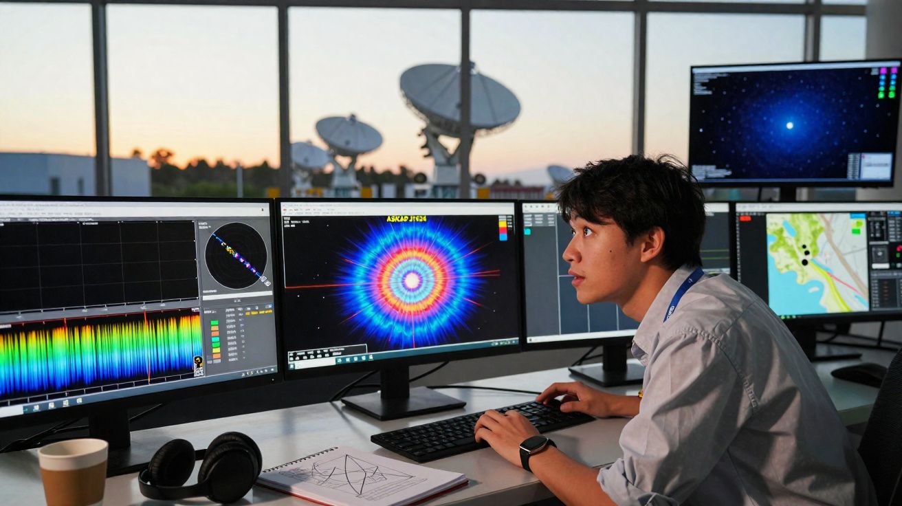 Jovem analisa dados em múltiplos monitores em laboratório com antenas parabólicas ao fundo ao entardecer.