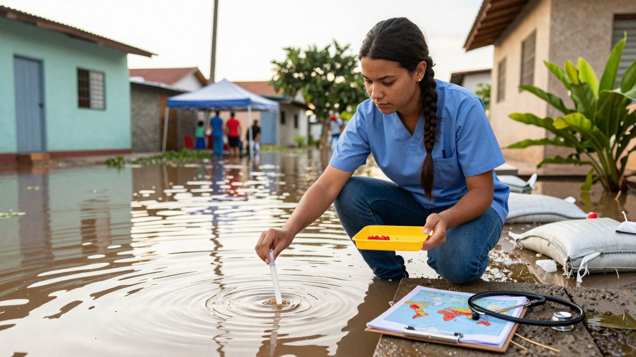 Mulher coletando água em área alagada para análise, com estetoscópio e mapa sobre areia ao lado.