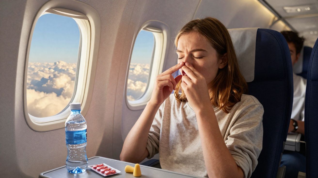 Mulher com expressão de desconforto usando spray nasal em avião, com comprimidos, protetores auriculares e água na mesa.