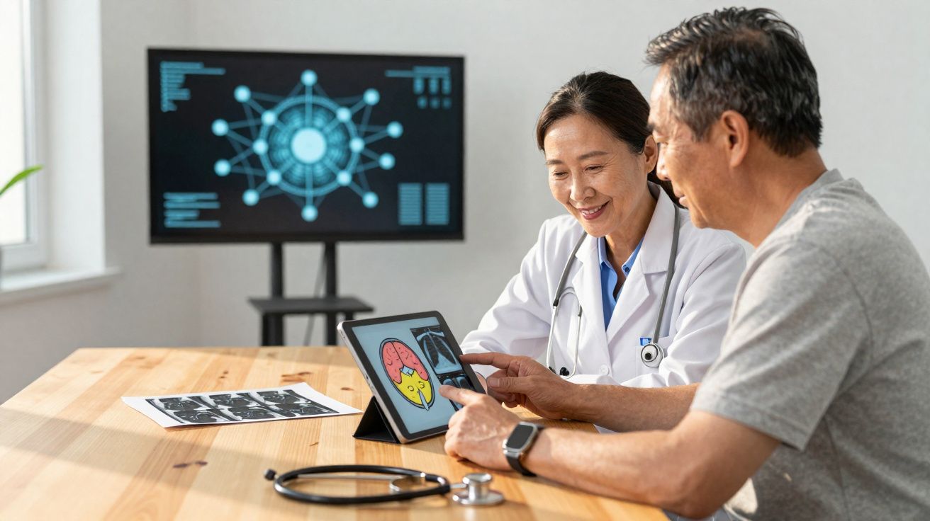 Médica analisando exame de pulmão com paciente, usando tablet, com dados médicos em tela ao fundo.