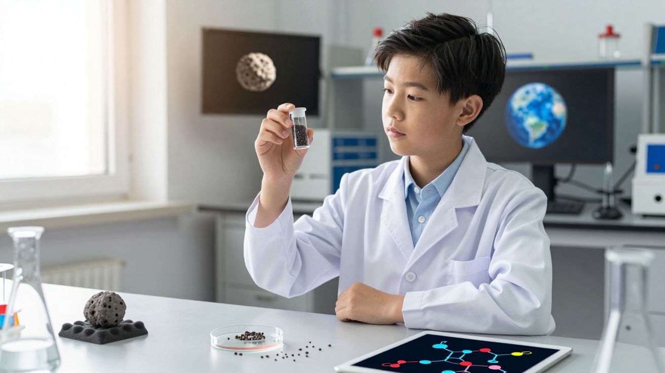 Criança cientista em laboratório com jaleco analisando frasco com pequenas esferas pretas.