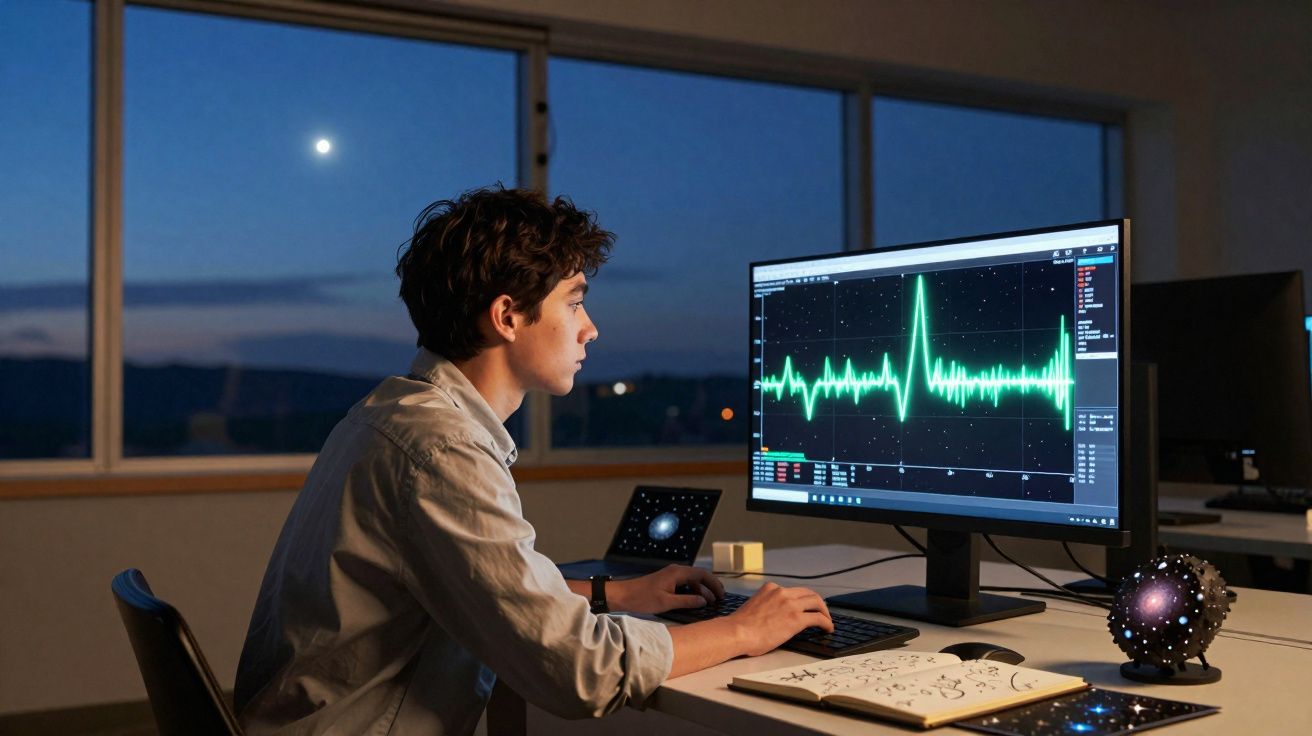 Jovem analisa dados gráficos no computador durante a noite com lua visível pela janela.