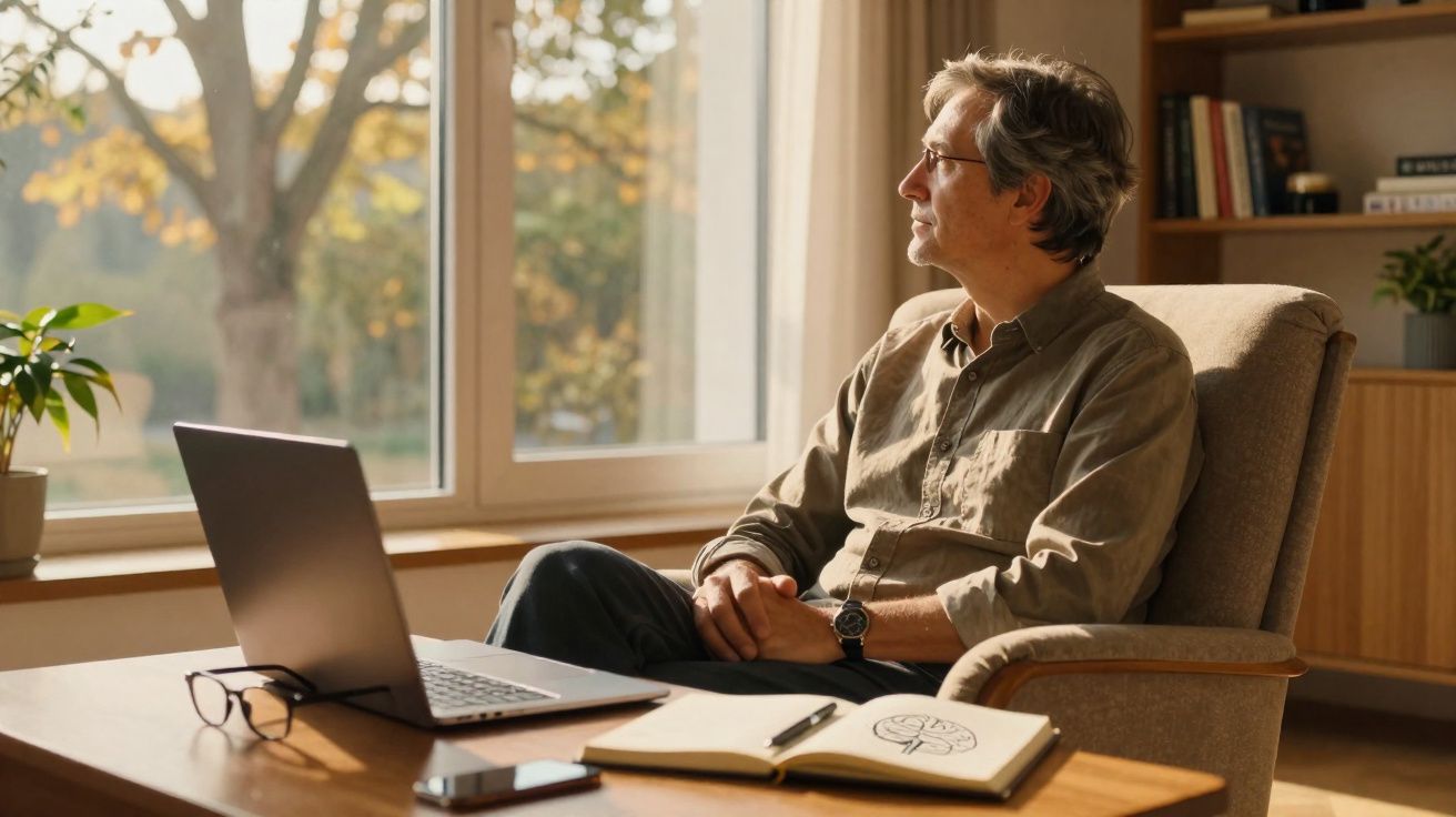 Homem maduro olhando pela janela, sentado em cadeira com laptop, caderno e óculos na mesa.