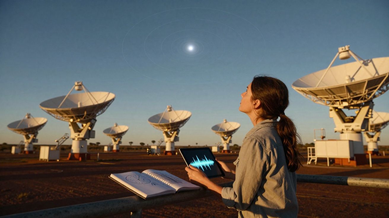 Mulher com tablet e caderno observa estrelas em campo com grandes antenas parabólicas ao entardecer.