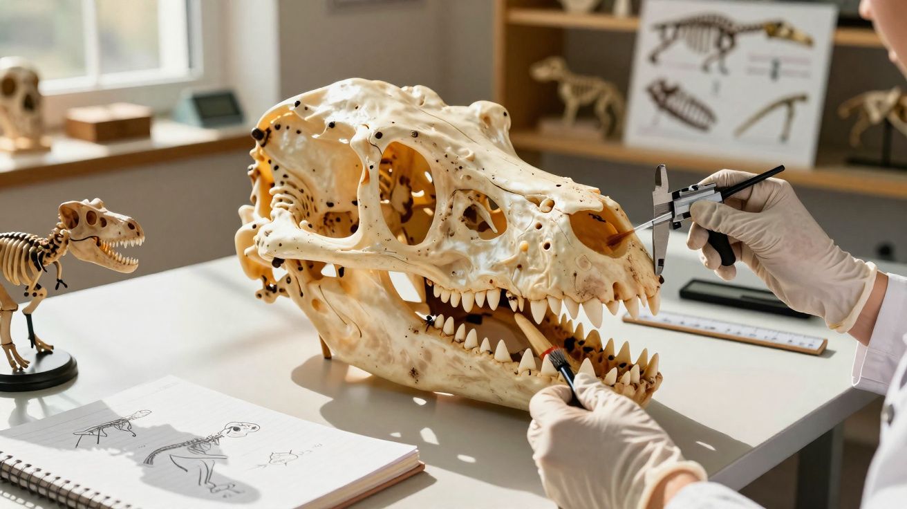 Pesquisador limpando e examinando fóssil de crânio de dinossauro em laboratório com desenhos e modelos na mesa.