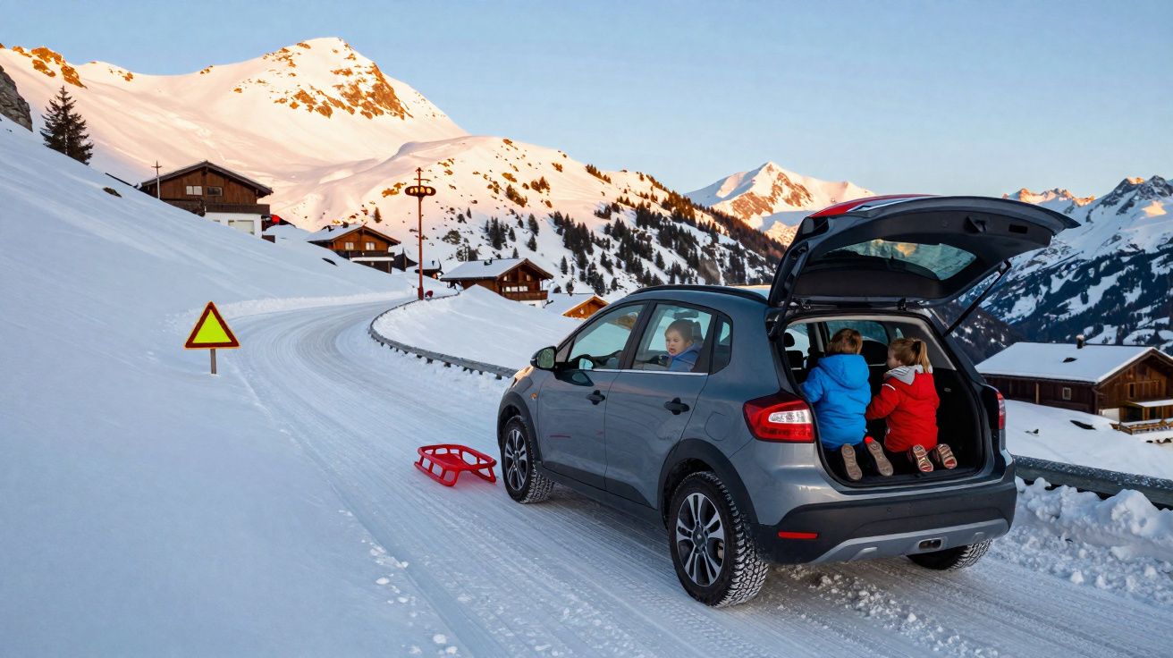 Crianças brincando com trenó na traseira aberta de carro estacionado em estrada nevada na montanha.
