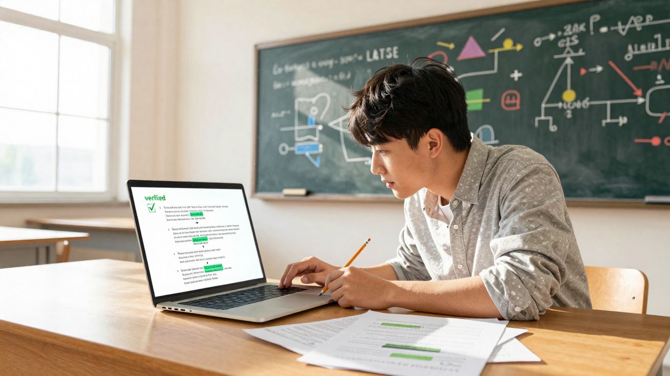Jovem estudando com laptop e papel, em mesa de madeira, com quadro negro ao fundo em sala de aula.