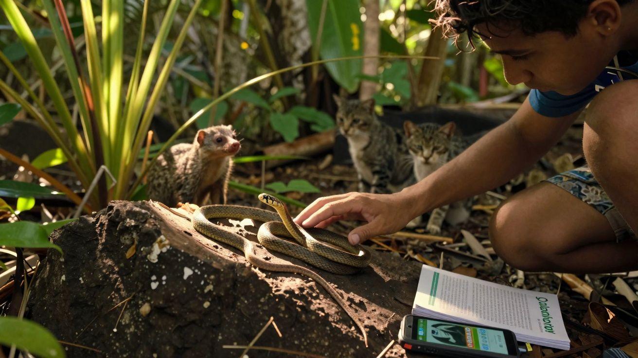 Menino tocando suavemente uma cobra enrolada em um tronco, com gatos e mangusto ao fundo na mata.