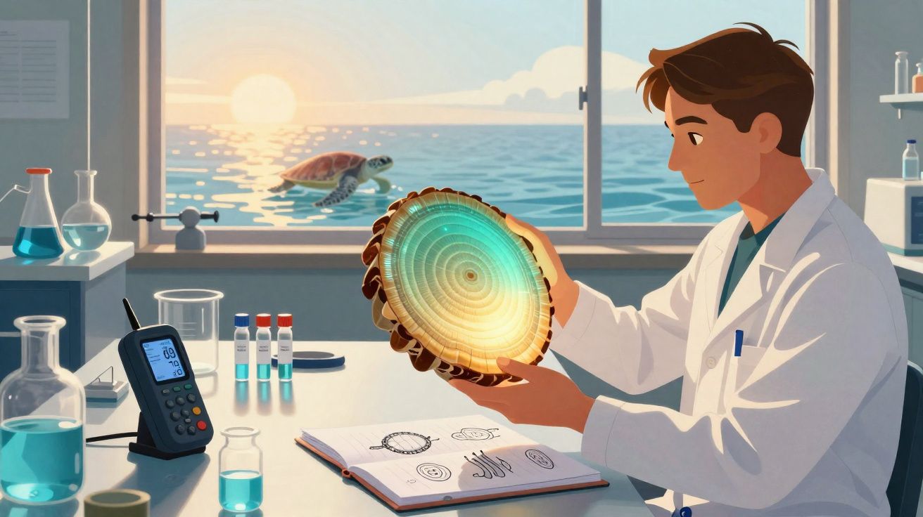 Cientista com jaleco analisa tronco de árvore em laboratório com vista para o mar e uma tartaruga nadando.