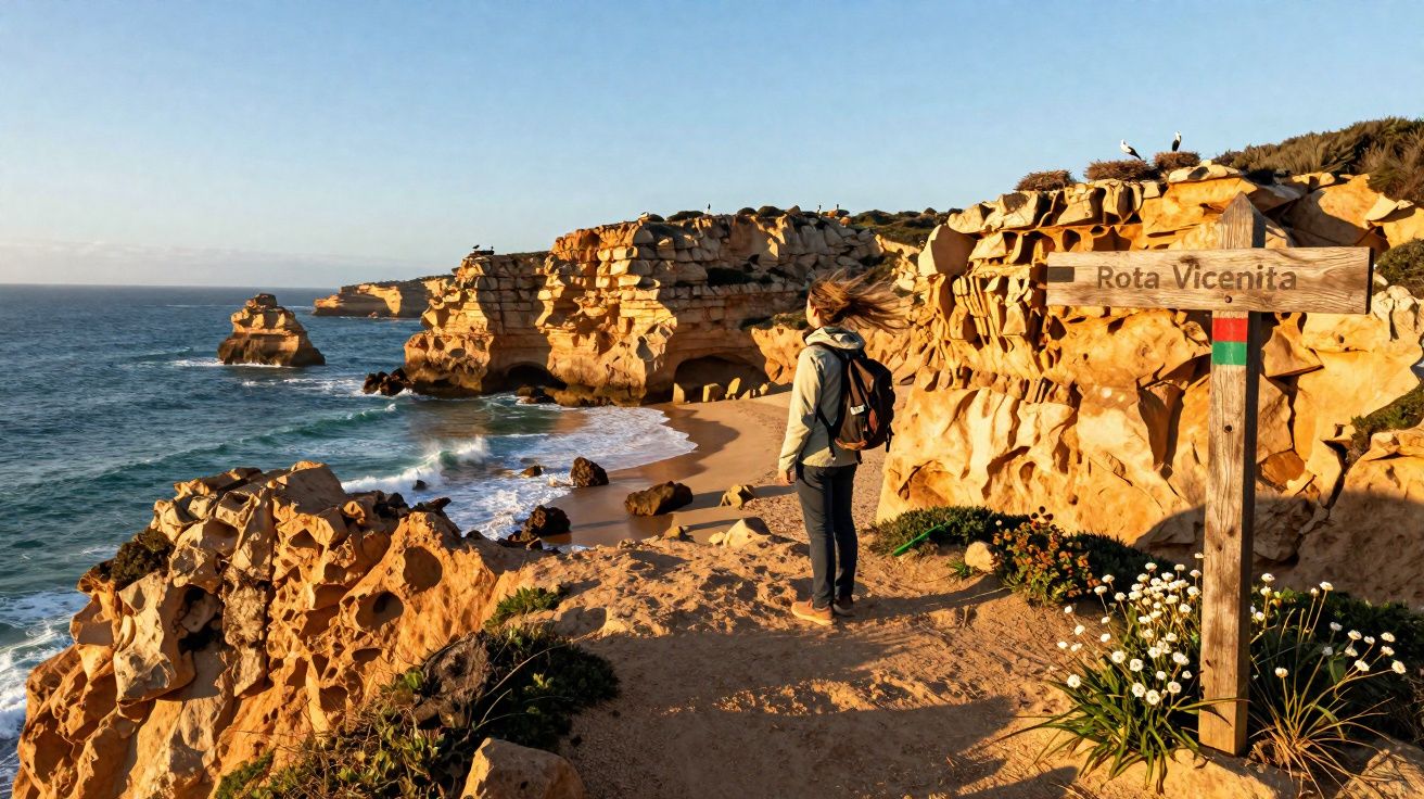 Pessoa olhando para o mar em falésia rochosa com placa de madeira indicando Rota Vicentina em dia ensolarado.