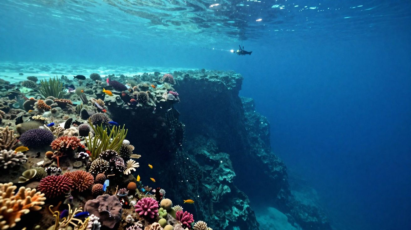 Recife de corais colorido com peixes ao redor e um robô submerso explorando a área em águas claras.
