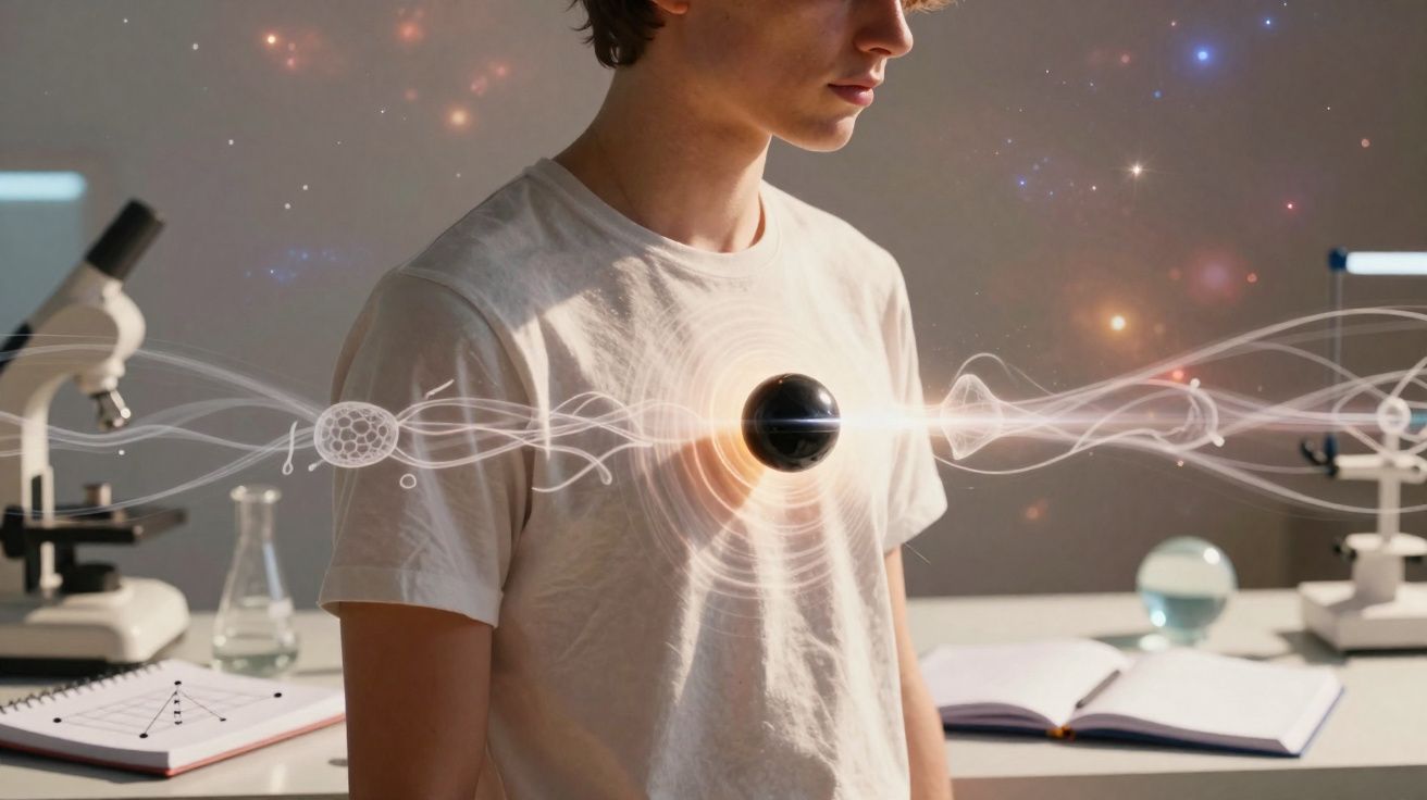 Jovem com gráfico holográfico de átomo no peito, em ambiente de laboratório com microscópio e cadernos abertos.