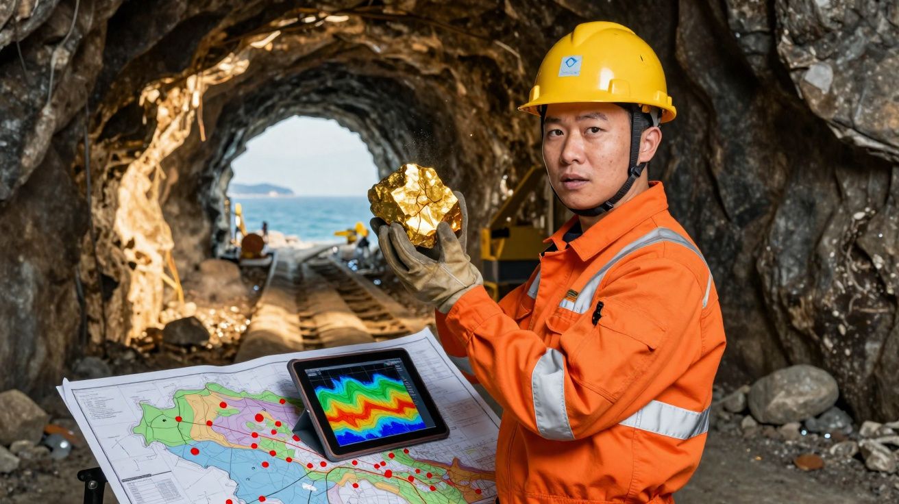 Minerador em túnel segurando pepita de ouro com mapas e tablet ao fundo na mina.