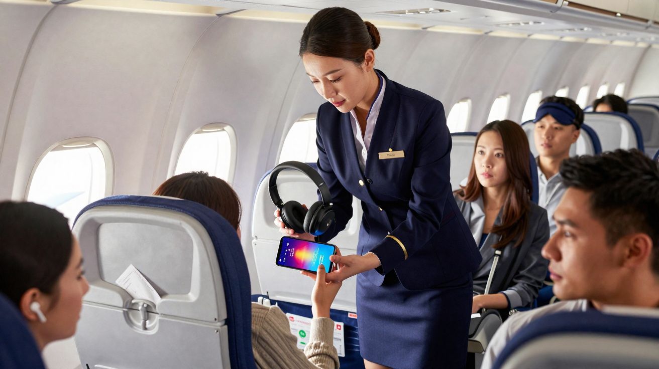 Comissária de bordo mostrando fones de ouvido e smartphone para passageiros durante voo comercial.