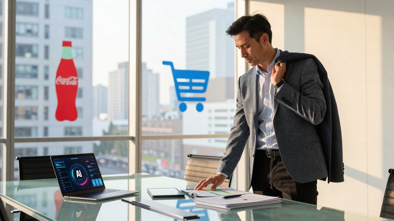Homem de terno revisa documentos ao lado de laptop em escritório moderno com vista para cidade.