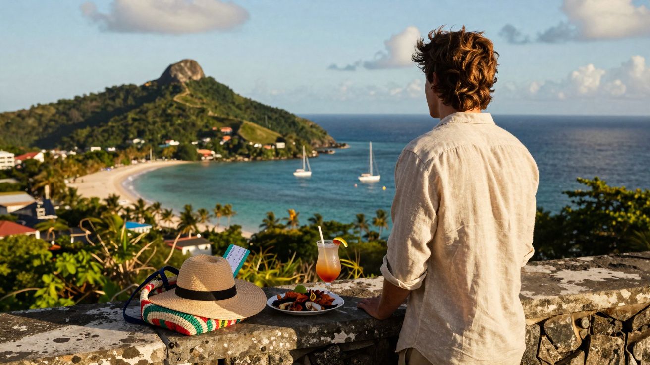 Homem observa praia paradisíaca com barcos, enquanto aprecia comida e bebida em mirante ensolarado.