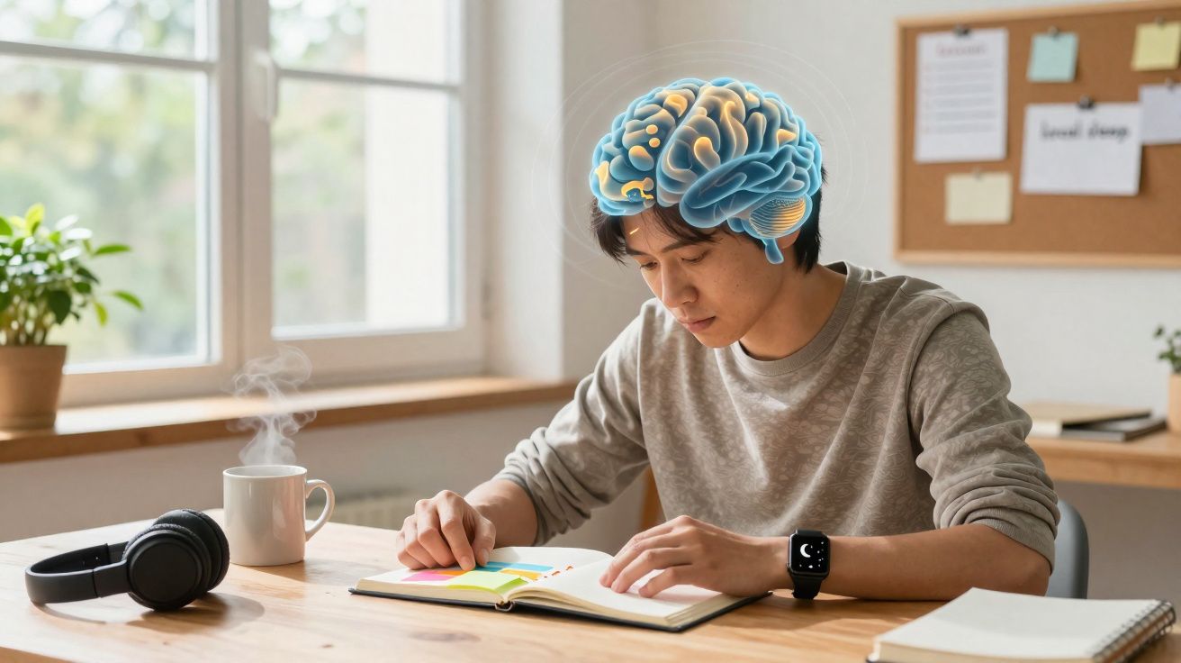 Jovem estudando com cérebro ilustrado acima da cabeça em ambiente iluminado e organizado.