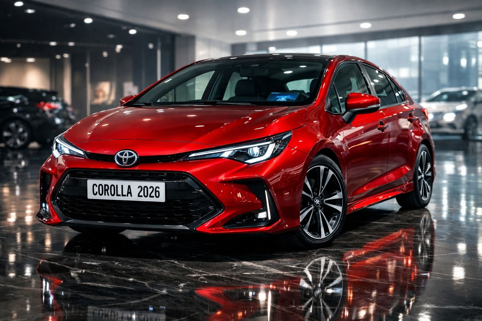Carro Toyota Corolla 2026 vermelho em ambiente interno com piso refletivo e iluminação moderna.