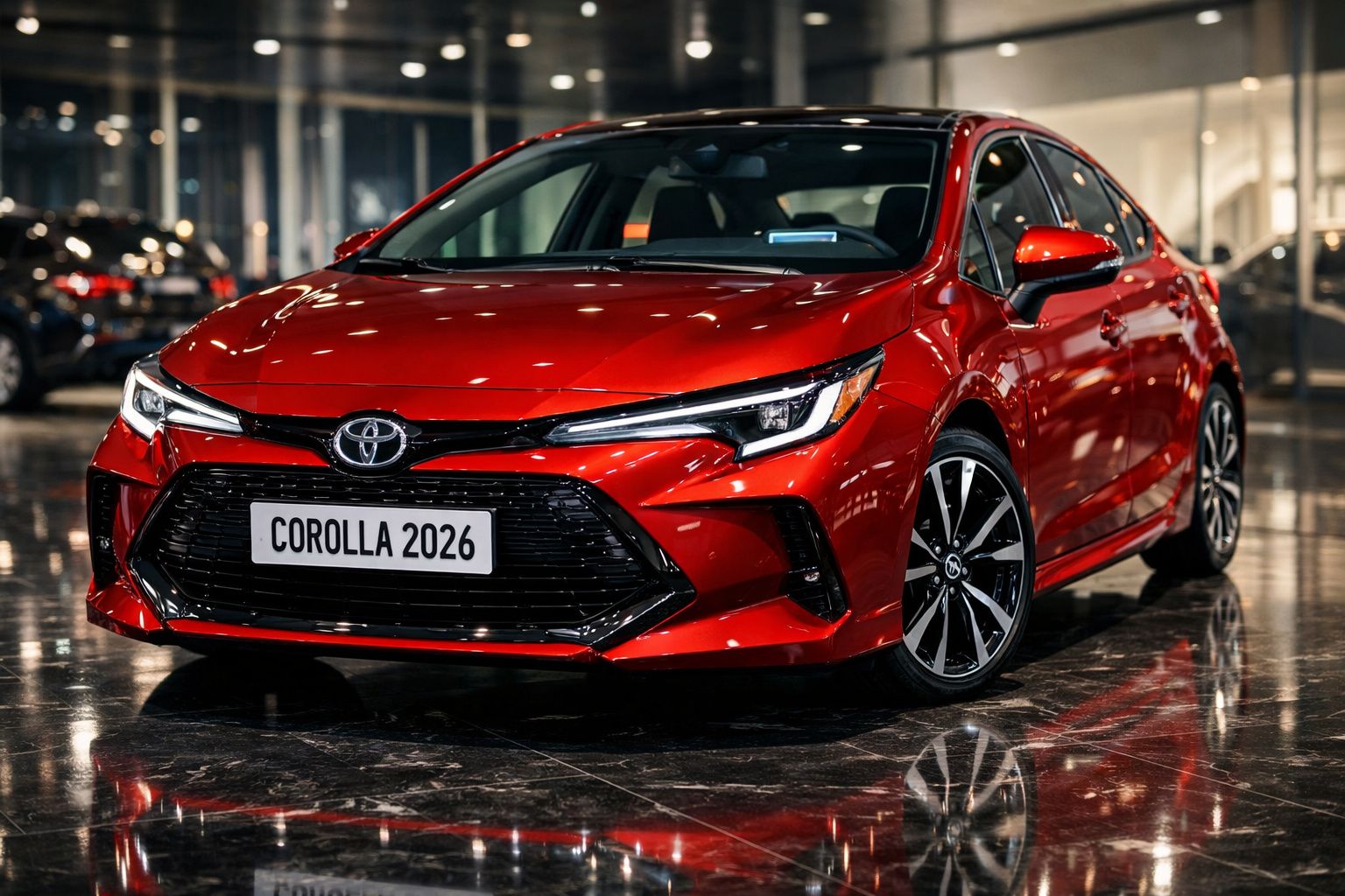 Carro Toyota Corolla 2026 vermelho, destaque para a frente com faróis LED e grade preta em showroom.