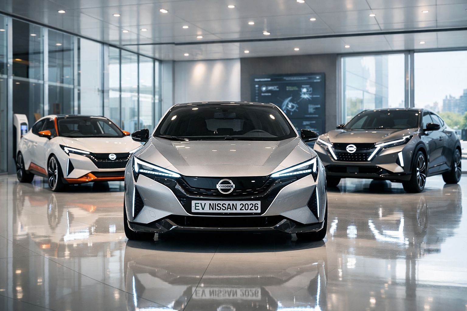 Três carros elétricos Nissan 2026 em exibição em ambiente interno moderno e iluminado.