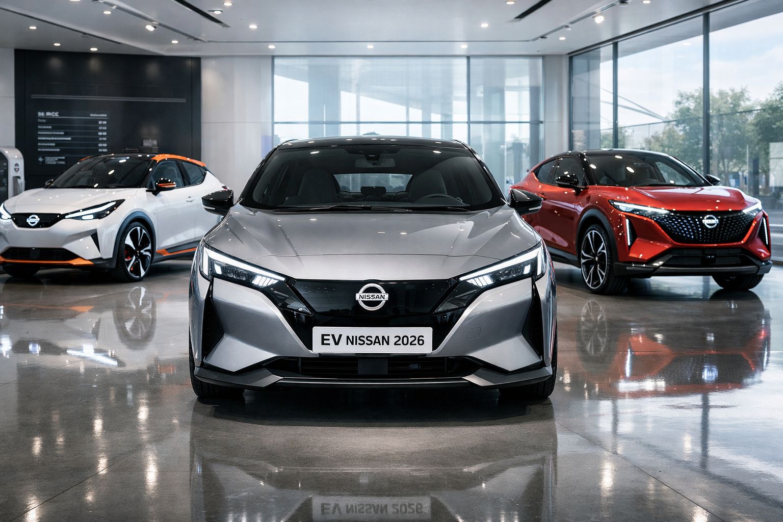 Três carros Nissan elétricos modernos em showroom, com destaque para modelo prata 2026 ao centro.