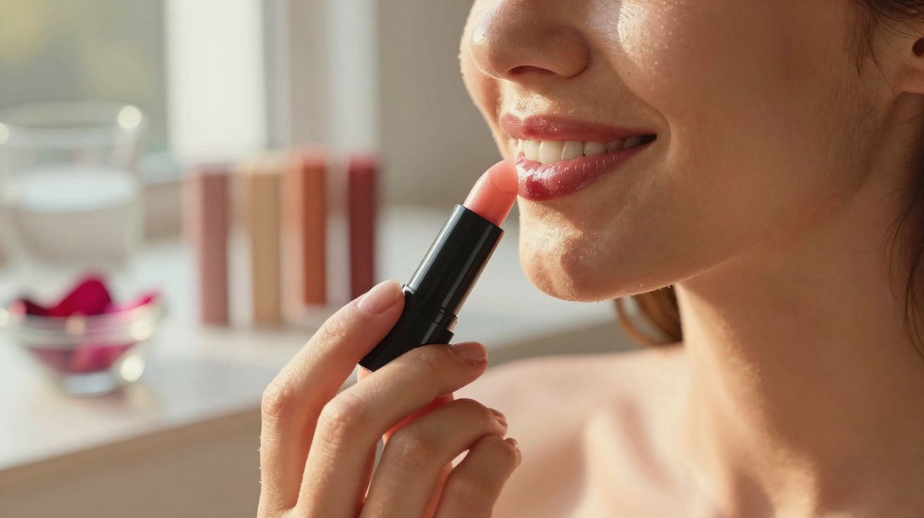 Mulher sorrindo aplicando batom rosa claro nos lábios em ambiente iluminado.