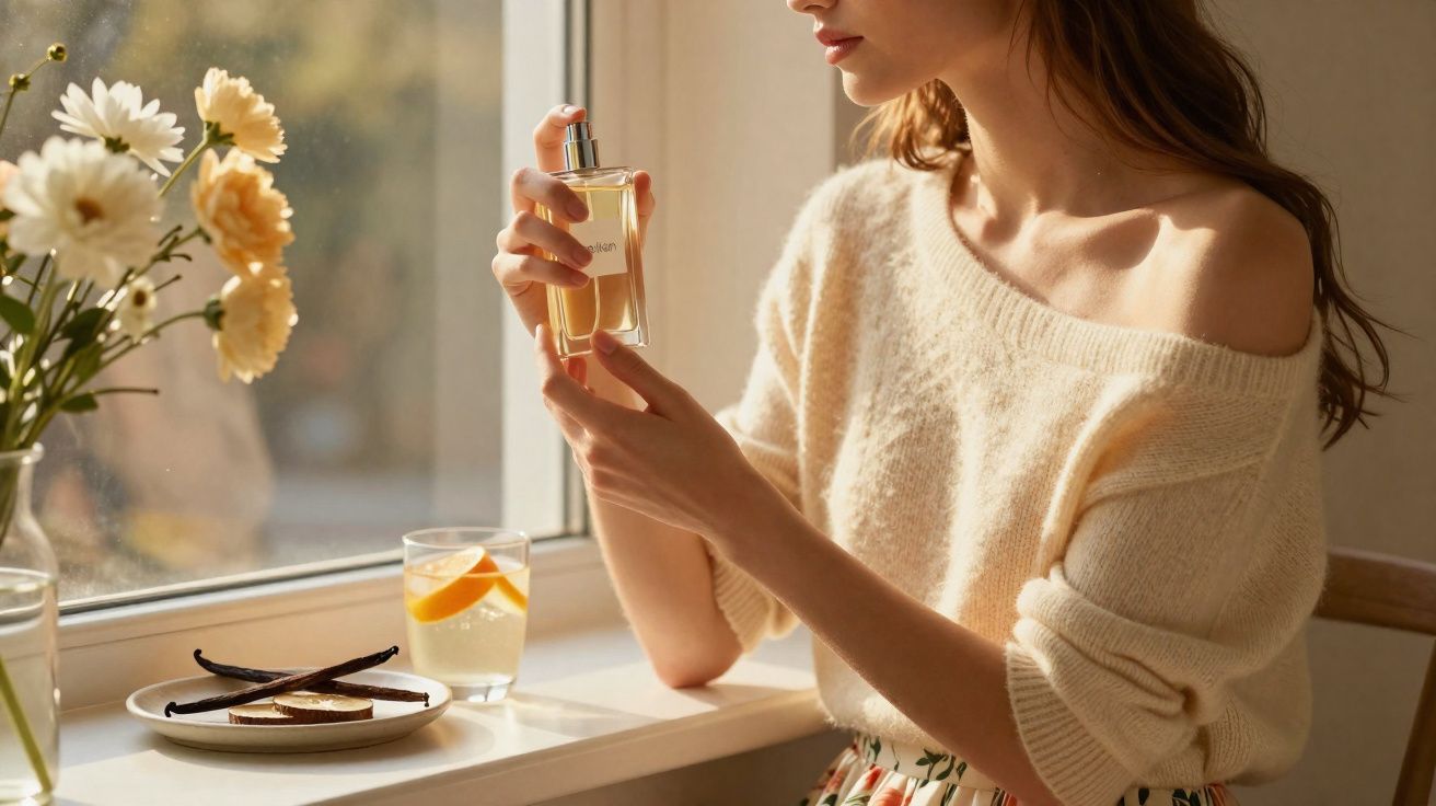 Mulher segurando frasco de perfume perto da janela com flores, vanila e copo com rodela de laranja.