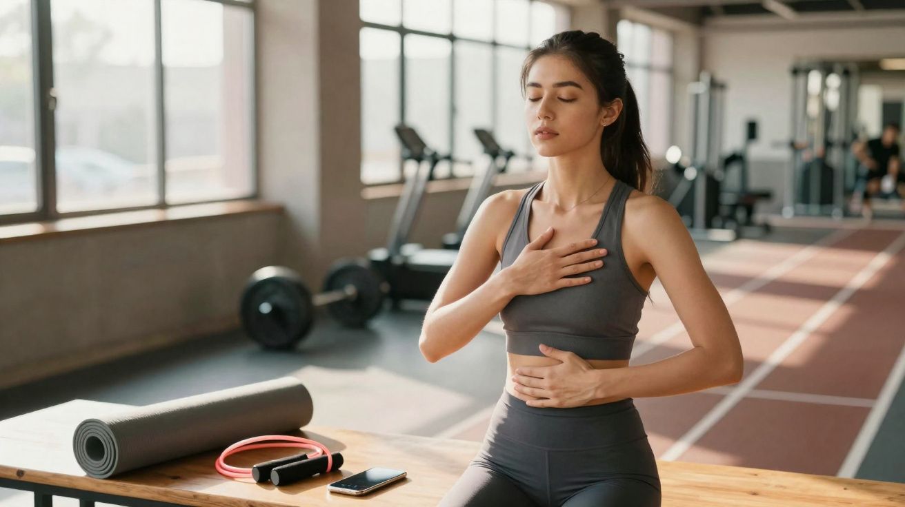 Mulher jovem fazendo exercícios de respiração em ginásio, com tapete, corda e celular sobre banco.