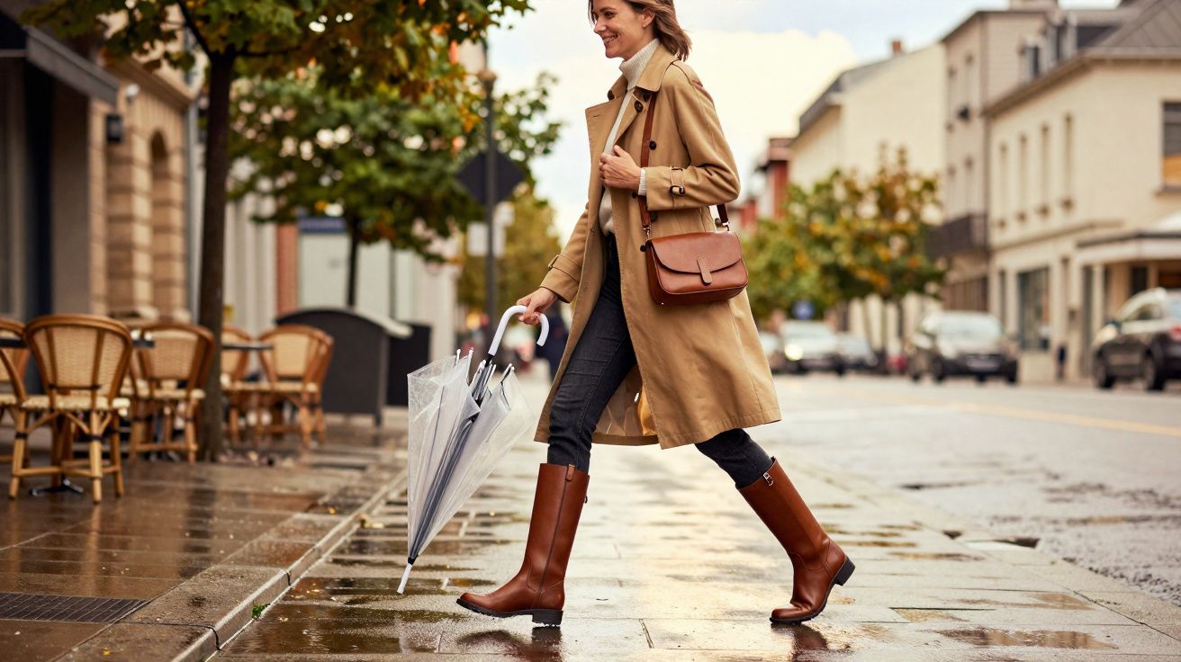 Mulher sorridente com casaco bege e botas marrons caminhando na calçada molhada com guarda-chuva transparente.