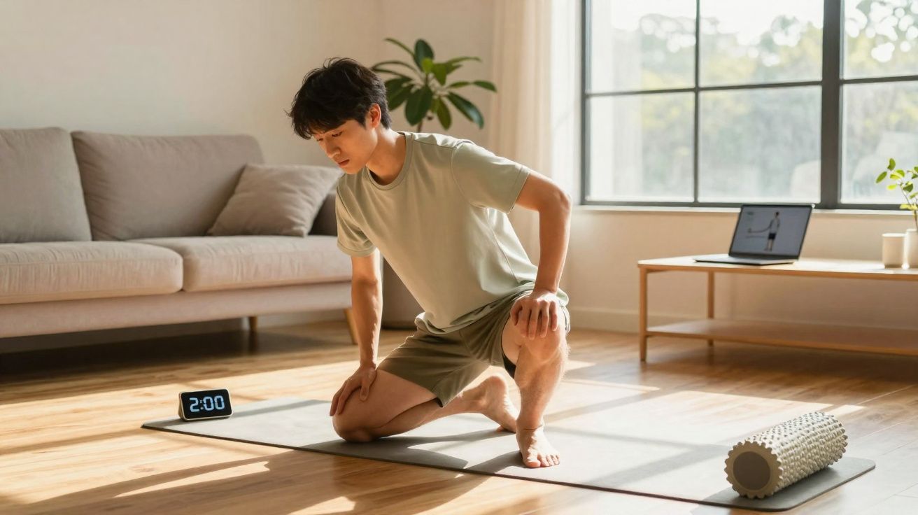 Homem praticando alongamento em tapete de yoga em sala iluminada com rolo de espuma ao lado.