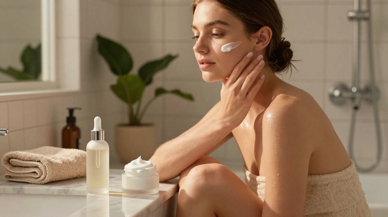 Mulher aplicando creme facial sentada ao lado da pia em banheiro iluminado e decorado com planta.