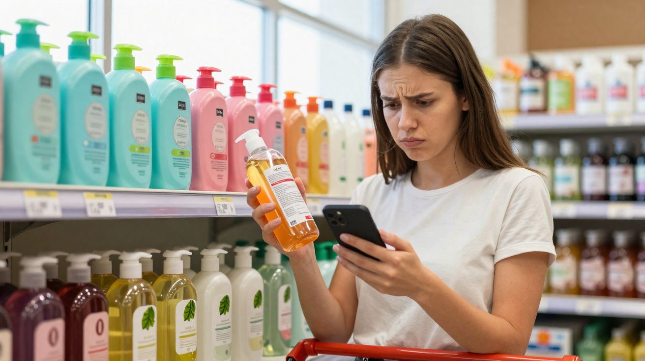 Mulher analisando rótulo de sabonete líquido com expressão confusa em prateleira de supermercado.