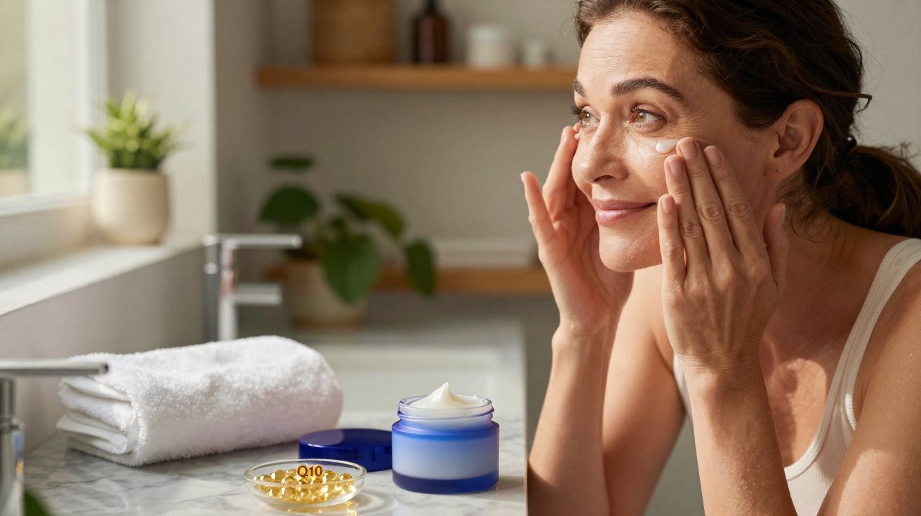 Mulher aplicando creme facial ao lado de potes de creme e cápsulas de vitamina em banheiro iluminado.