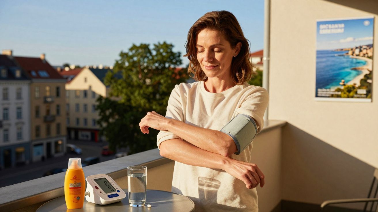 Mulher medindo pressão arterial em varanda com aparelho e medicamentos sobre mesa pequena.