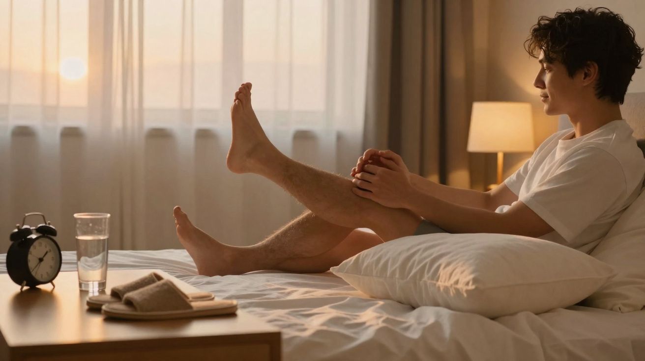 Homem sentado na cama massageando o pé ao amanhecer em quarto com luminária e copo d'água.