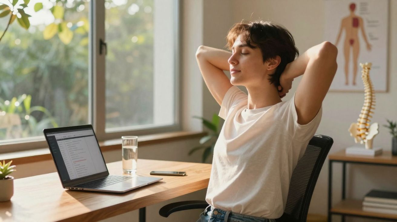 Pessoa sentada em cadeira de escritório relaxando com os braços atrás da cabeça perto de um laptop.