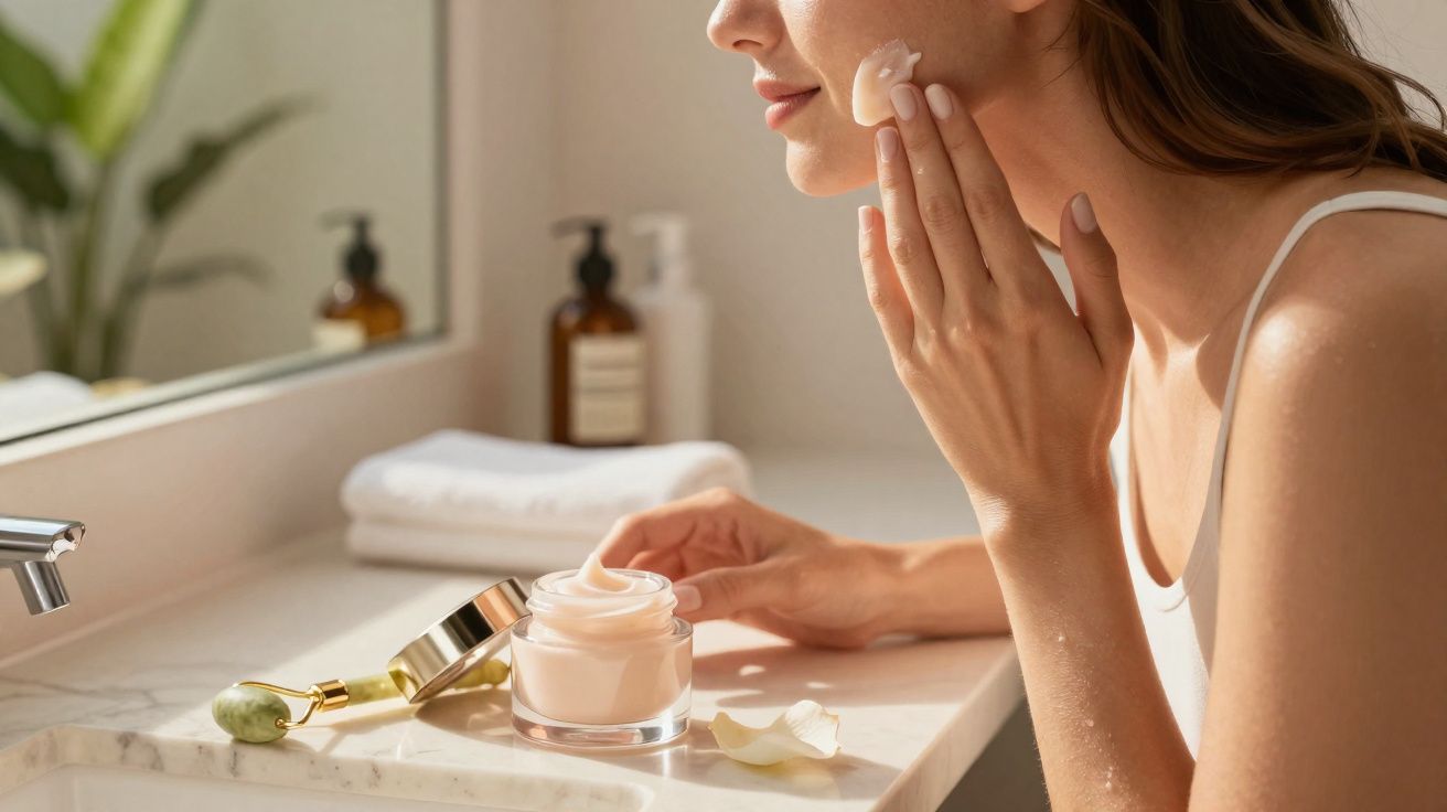 Mulher aplicando creme facial em frente ao espelho em banheiro iluminado e organizado.