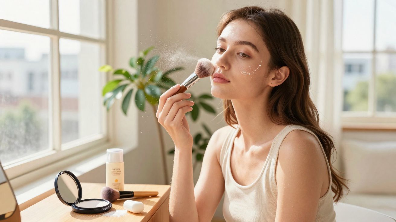 Jovem aplicando maquiagem com pincel ao lado de produtos de beleza, sentada perto de janela ensolarada.