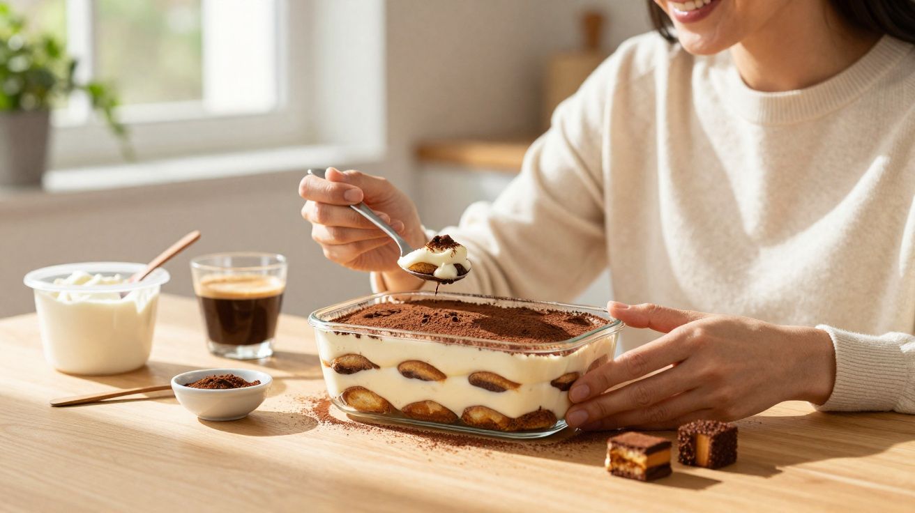 Pessoa pegando colherada de tiramisu em pote de vidro sobre mesa com café e sobremesas pequenas.