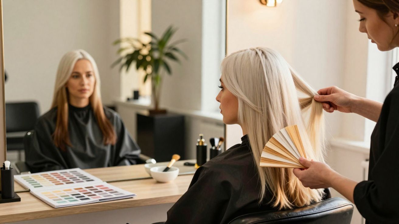 Mulher loira no salão de beleza avaliando tons de cabelo com profissional seguidora atrás.