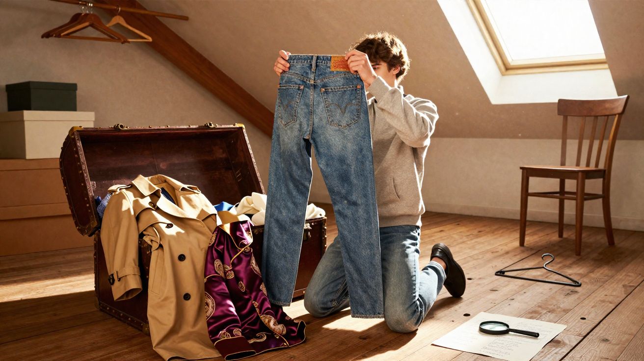 Pessoa ajoelhada em sótão segurando calça jeans, com baú aberto e roupas ao redor.