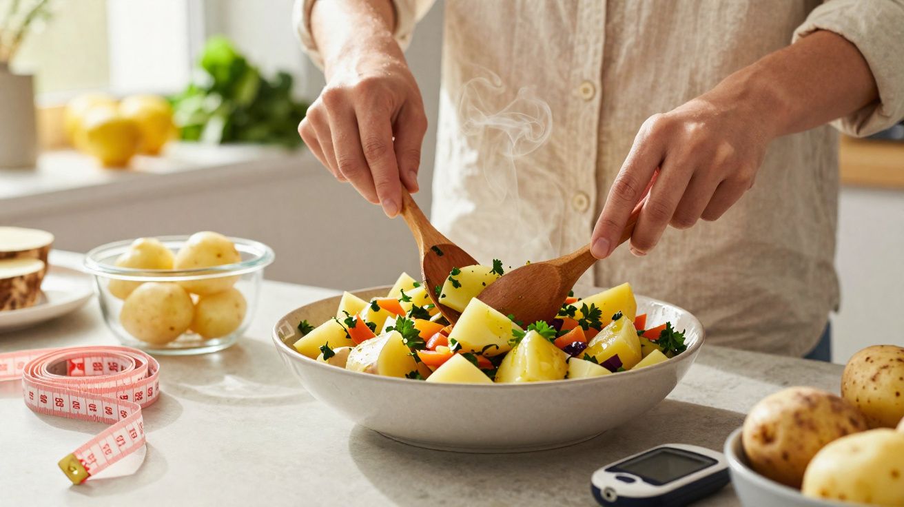 Pessoa mexendo salada de batatas e legumes em tigela, com fita métrica e aparelho de medição ao lado.