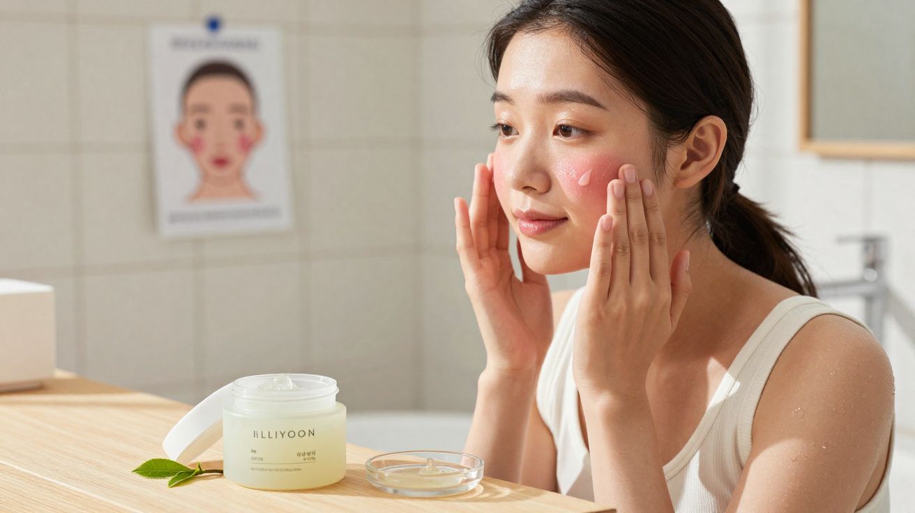 Mulher aplicando creme hidratante facial em banho, com pote de creme na bancada de madeira.