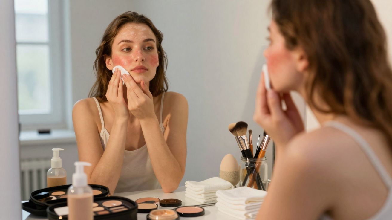 Mulher removendo maquiagem do rosto com algodão na frente do espelho, com produtos de maquiagem na mesa.