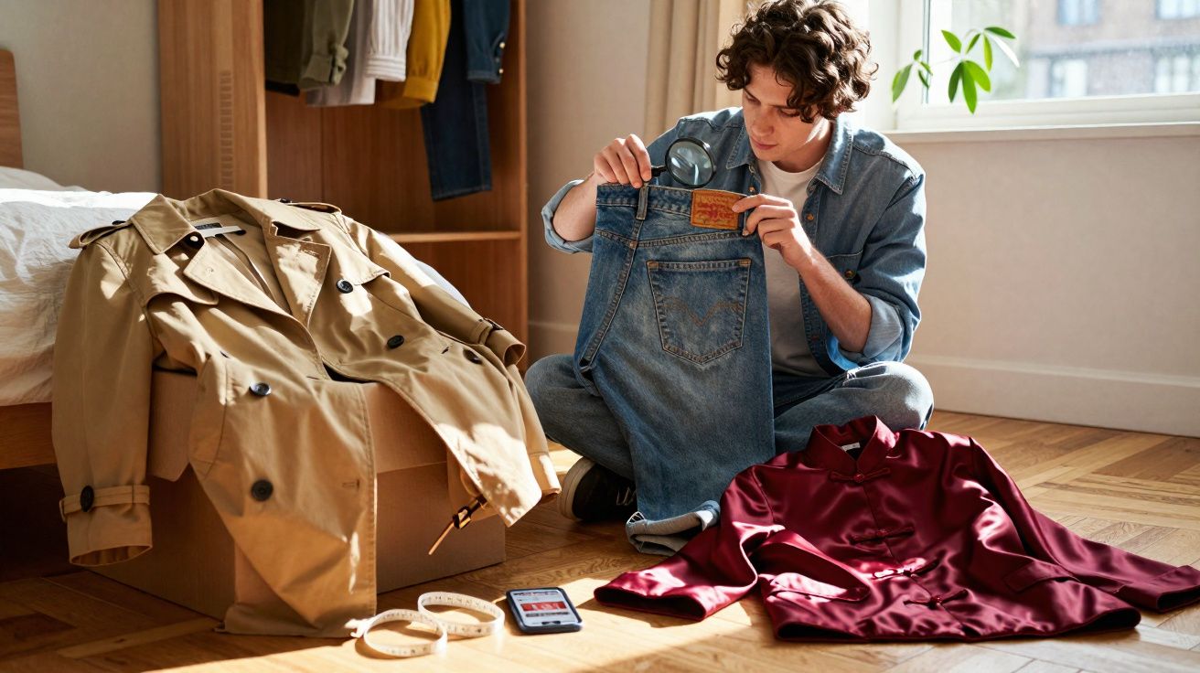 Homem sentado no chão inspecionando calça jeans com lupa, cercado por roupas e fita métrica.