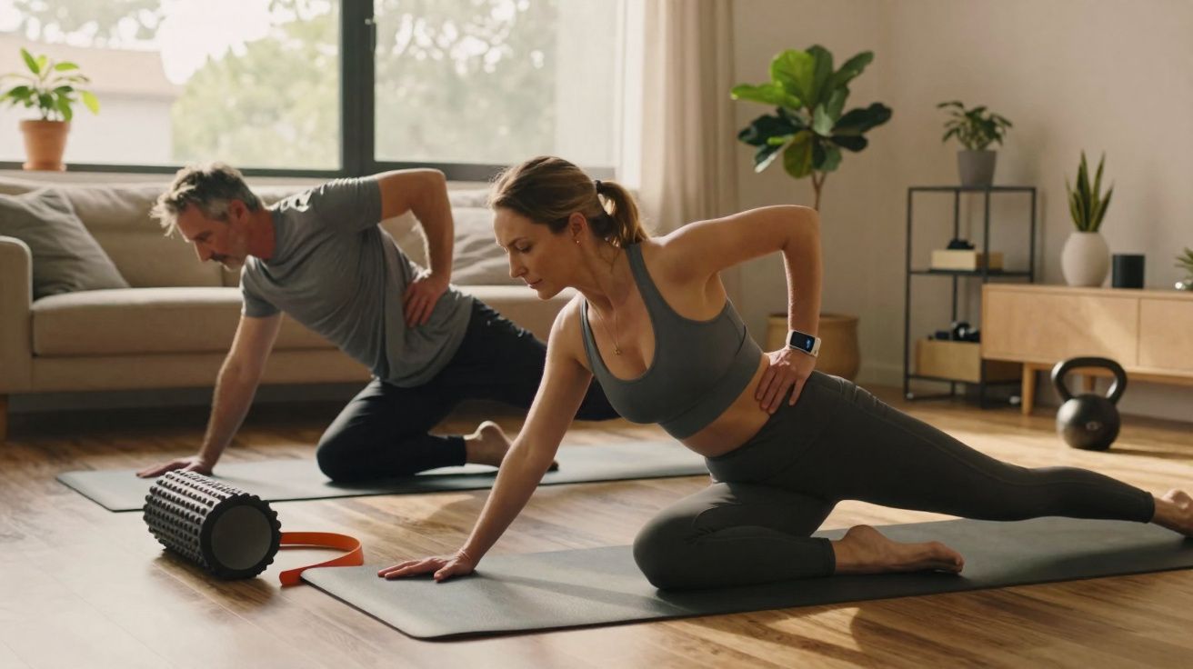 Casal fazendo exercícios de alongamento em tapetes no chão da sala com acessórios de musculação ao redor.